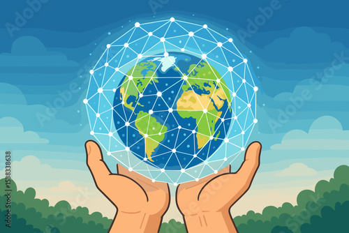 Hands holding planet Earth within a glowing global network sphere. Concept for internet, technology, data, and communication. Sustainability, environmental care, a connected future.