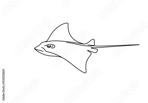 Eagle ray drawing. It is a black and white outline image of an eagle ray, a graceful marine animal with distinct wing-like fins. Vector sketch line art draw.