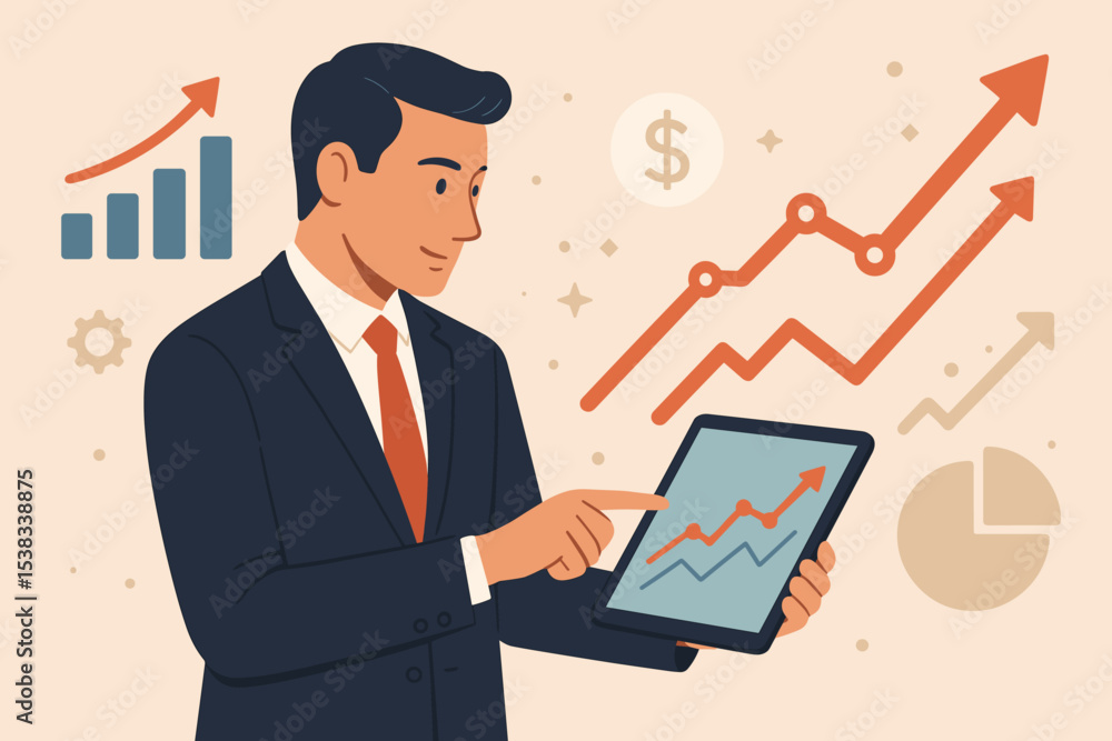 Sales data analysis concept. Businessman in suit using a tablet to check financial reports. Growth charts, graphs, and statistics for business strategy, success, and investment. Sales data analysis concept. Businessman in suit using a tablet to check financial reports. Growth charts, graphs, and statistics for business strategy, success, and investment.