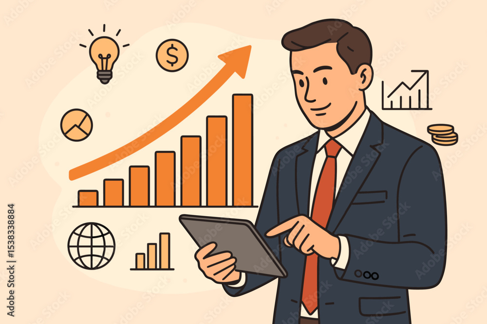Businessman analyzing sales data on tablet for financial growth. Business success concept with upward chart, graph, and icons. Investment strategy and market analysis vector. Businessman analyzing sales data on tablet for financial growth. Business success concept with upward chart, graph, and icons. Investment strategy and market analysis vector.