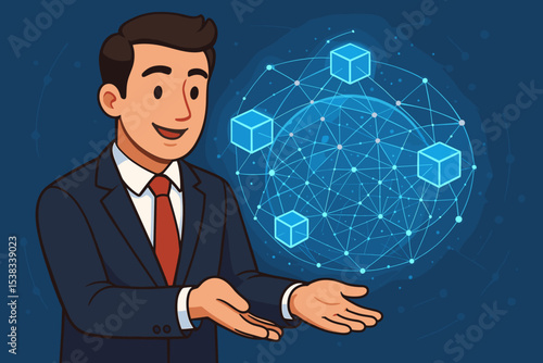 Businessman presenting blockchain technology concept. Global network with connected data blocks. Fintech, cryptocurrency, web3 and decentralized finance innovation. Vector illustration.