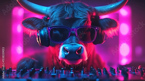 A cow DJ, bathed in vibrant neon light, wearing sunglasses and headphones, stands before a DJ mixer