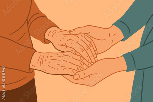 Elderly care and support concept. Young caregiver holding senior's hands. Compassion, kindness, and help for old people. Geriatric nursing home assistance illustration.
