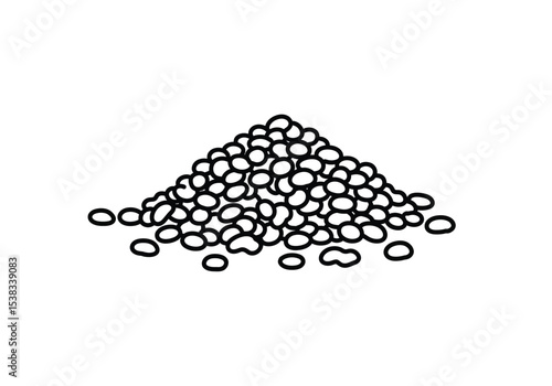 Fish food drawing. It is a black and white outline image of a pile of fish food, typically in pellet or flake form, for feeding aquatic animals. Vector sketch line art draw.