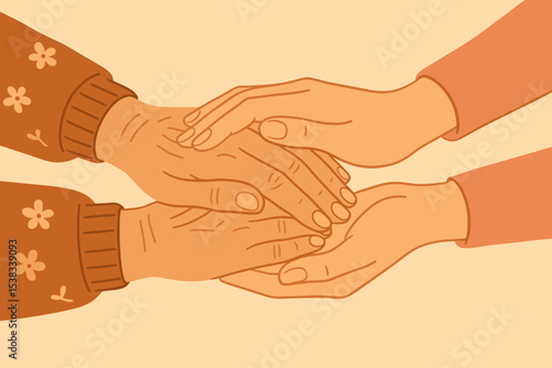 Elderly care concept with young caregiver holding senior's wrinkled hands. Symbol of help, compassion, support, and empathy. Intergenerational connection and family assistance.
