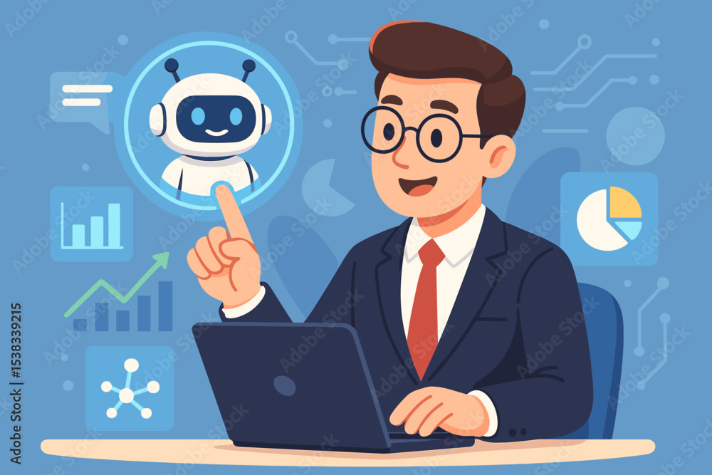 Businessman interacts with an AI chatbot for business analysis and growth. Concept of virtual assistant technology, automation, and data analytics for corporate strategy vector. Businessman interacts with an AI chatbot for business analysis and growth. Concept of virtual assistant technology, automation, and data analytics for corporate strategy vector.