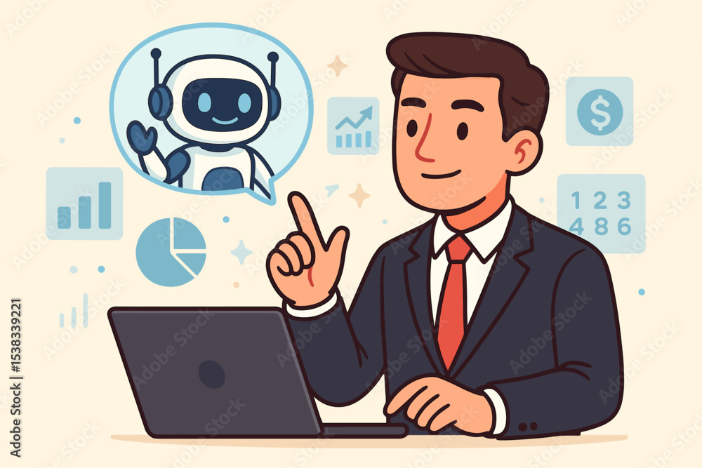 Businessman using AI for financial analysis and business automation. Man at laptop interacting with chatbot robot assistant. Concept of technology, data growth, and corporate support. Businessman using AI for financial analysis and business automation. Man at laptop interacting with chatbot robot assistant. Concept of technology, data growth, and corporate support.