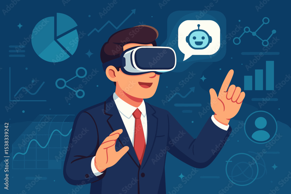 Businessman wearing VR headset analyzing data in the metaverse. Futuristic interface with graphs, charts, and an AI chatbot. Concept of business analytics and digital transformation. Businessman wearing VR headset analyzing data in the metaverse. Futuristic interface with graphs, charts, and an AI chatbot. Concept of business analytics and digital transformation.