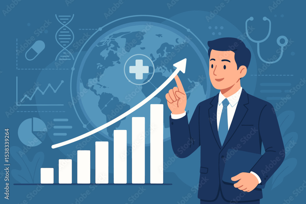 Medical business growth concept with a businessman pointing at an increasing chart. Healthcare industry success and financial investment strategy. Global health economy analysis vector. Medical business growth concept with a businessman pointing at an increasing chart. Healthcare industry success and financial investment strategy. Global health economy analysis vector.