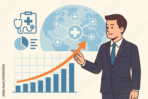 Businessman analyzing medical business growth chart. Healthcare industry investment and market success concept. Global health network with financial report, data and statistics.