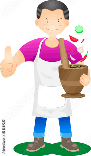 Chef preparing som tam: A cheerful chef in white apron prepares the dish of green papaya salad while giving a thumbs up gesture.