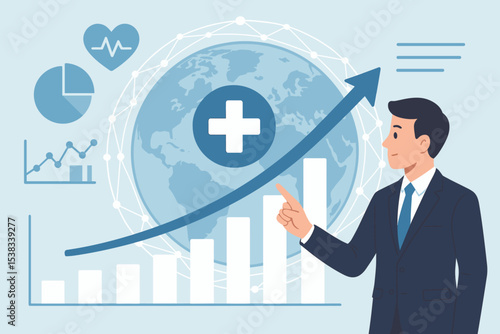 Medical business growth. Healthcare industry investment and finance. Global market analysis concept. Businessman pointing at rising chart. Data statistics report. Success vector.