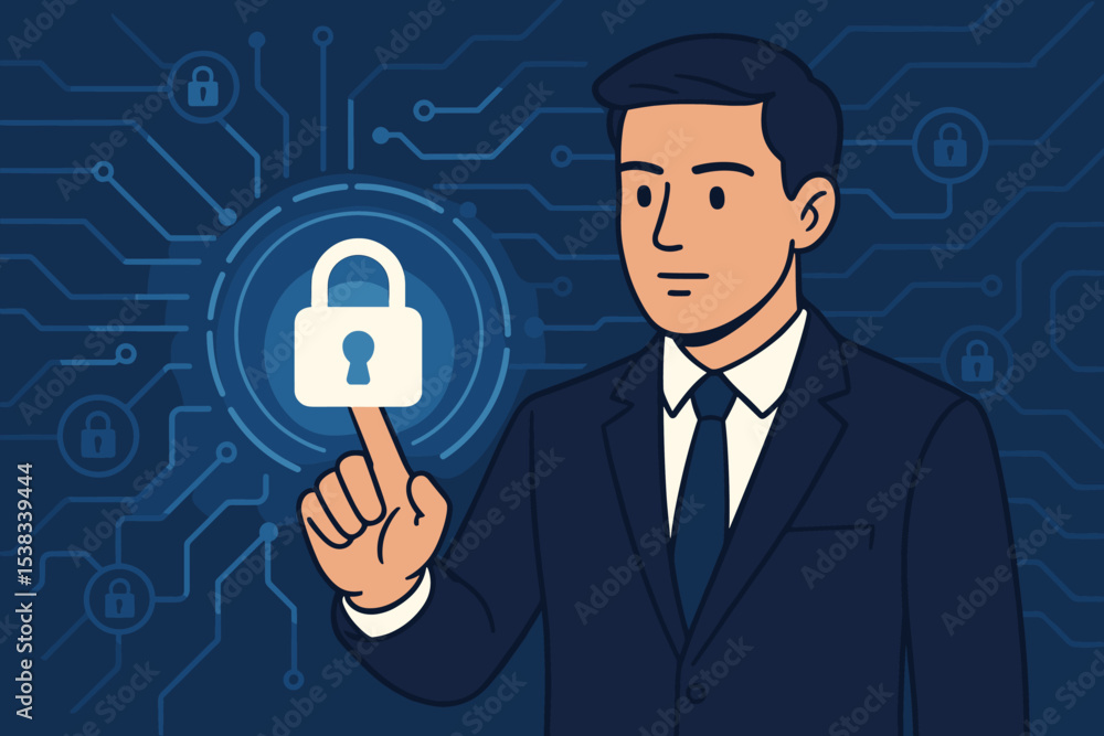 Cybersecurity and data protection concept. Businessman touching a glowing padlock icon on a digital screen. Network security, information privacy, and secure internet access idea. Cybersecurity and data protection concept. Businessman touching a glowing padlock icon on a digital screen. Network security, information privacy, and secure internet access idea.
