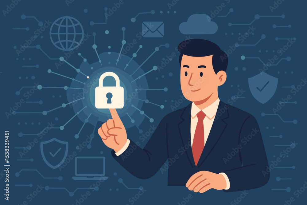 Businessman touching a padlock icon on a digital interface. Cybersecurity concept for data protection and network safety. Information technology, online privacy, and cloud security. Businessman touching a padlock icon on a digital interface. Cybersecurity concept for data protection and network safety. Information technology, online privacy, and cloud security.