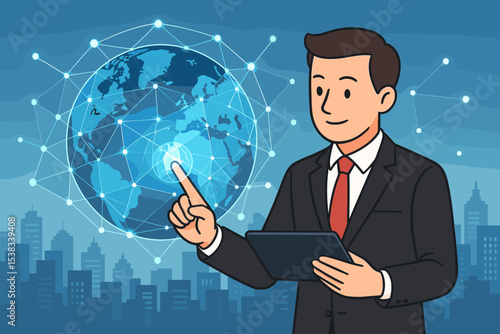 Global business technology concept. Businessman with tablet touching a digital network on a world map hologram. International communication, internet, data, and future innovation.