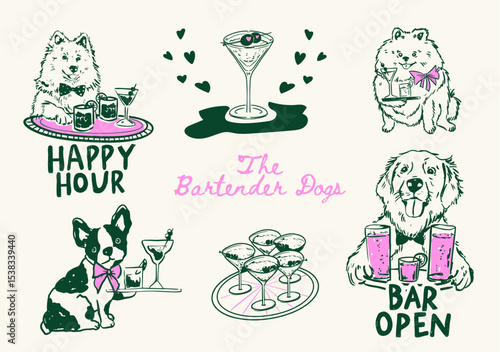 Set of whimsical Waiter dogs illustrations, Hand drawn Bartender dogs and cocktails, Funny Cocktail Hour Doodle illustrations for party invitations, drink menus and web icons