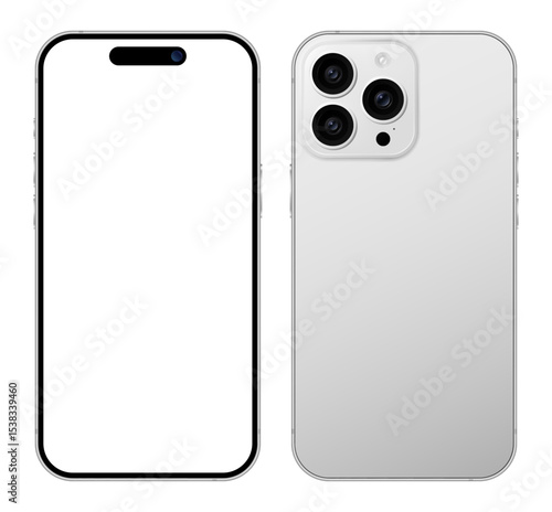 iPhone 16 Pro Max white gray smartphone device blank screen mockup template, 2025 latest mobile phone layout. Vector illustration