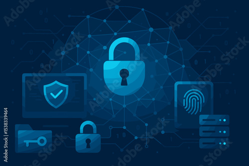 Cybersecurity concept with digital padlock. Network security and data protection technology background. Information privacy, antivirus, biometrics, and server protection illustration.