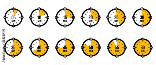 Set of timer. Countdown Timer Icons in Minute Increments from 5 to 60