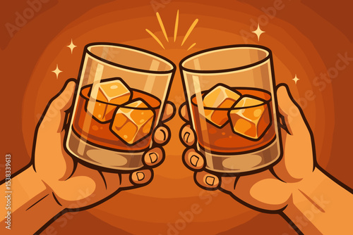 Two hands toasting with glasses of whiskey or bourbon on the rocks. Cheers and celebration concept vector illustration. Friends clinking drinks at a party. Bar or pub alcohol.