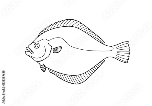 Flounder fish drawing. It is a black and white outline image of a flounder, a type of flatfish known for its distinctive flat body and eyes on one side. Vector sketch line art draw.