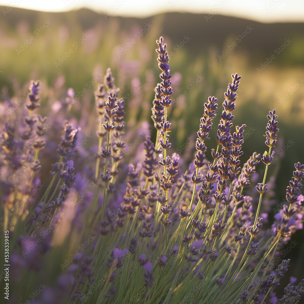 Fototapeta premium Blooming lavender bushes in a field with warm afternoon light,