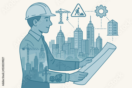 Civil engineer with blueprint planning city construction. Double exposure concept illustration of an architect with cityscape. Urban development, architecture and building industry.
