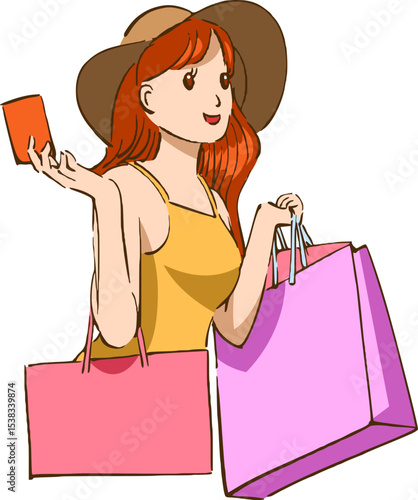 Shopping spree: A joyful female shopper with a stylish sunhat and radiant smile carries shopping bags and a credit card in hand, capturing the essence of retail therapy and leisure.