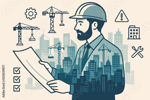 Engineer architect reading blueprint. Double exposure with cityscape and construction cranes. Concept for building industry, project management, and urban development. Vector icon set.