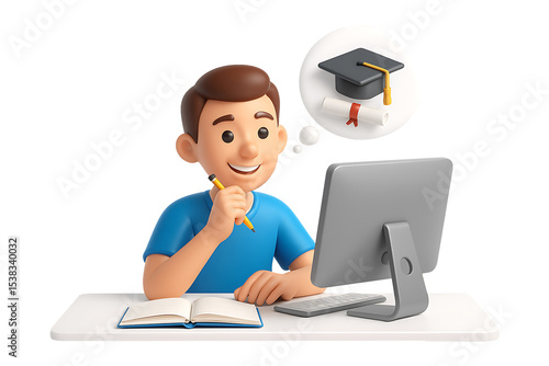 3D Cartoon Student Learning Online While Dreaming of Graduation