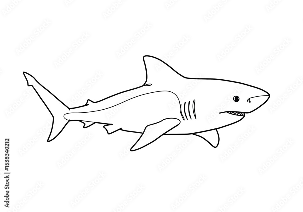 Obraz premium Lemon shark drawing. It is a black and white outline image of a lemon shark, a powerful marine predator with characteristic fins and gill slits. Vector sketch line art draw.