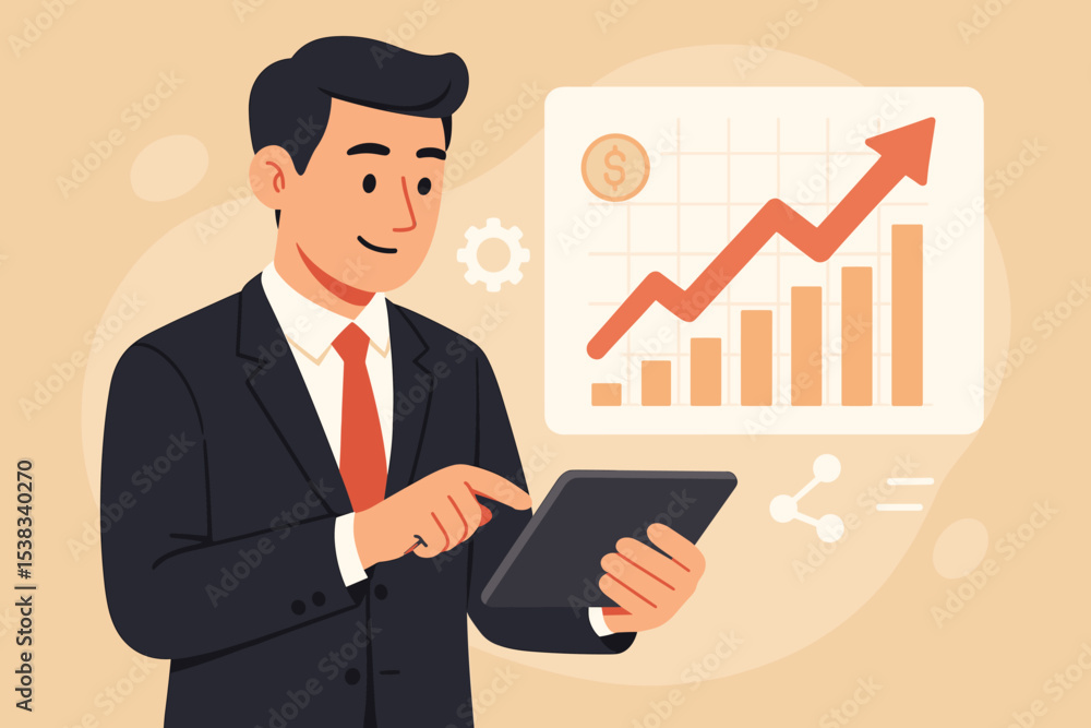 Business analysis concept with manager using tablet. Financial data graph for investment growth and profit success. Corporate strategy, marketing report with upward arrow chart. Business analysis concept with manager using tablet. Financial data graph for investment growth and profit success. Corporate strategy, marketing report with upward arrow chart.