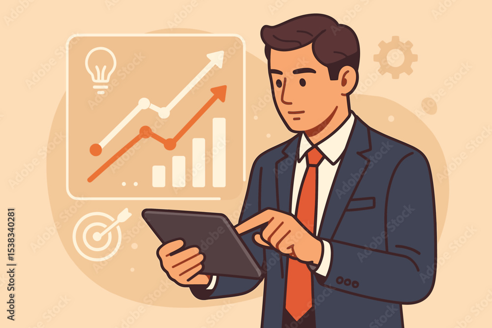 Businessman analyzing data on tablet for business growth. Concept of financial success, marketing strategy, and investment. Manager using technology for report with chart and graph. Businessman analyzing data on tablet for business growth. Concept of financial success, marketing strategy, and investment. Manager using technology for report with chart and graph.