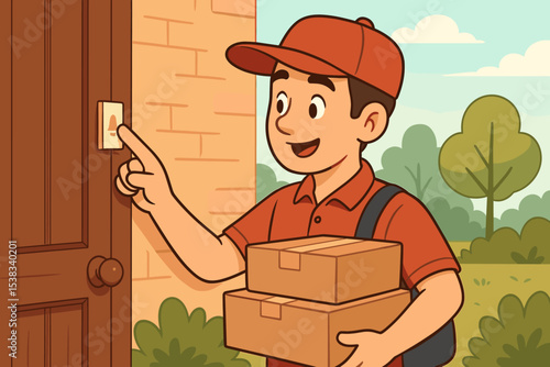 Delivery man ringing doorbell holding packages. Friendly courier with cardboard boxes at front door. Concept of shipping service, e-commerce, online shopping and home delivery.