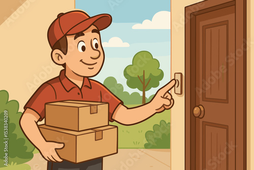 Courier delivery man with parcel boxes ringing the doorbell at the front door. Home delivery service concept. E-commerce shipping, logistics, and online shopping cartoon illustration.