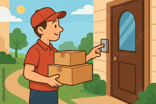 Delivery man courier holding parcel boxes and ringing the doorbell at the front door. E-commerce, shipping service, express delivery, and online shopping order concept.