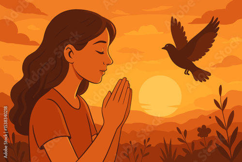 Serene woman praying at sunset, concept of faith, hope, spirituality. Religious background with girl in peaceful meditation. Gratitude and devotion concept with flying bird silhouette.