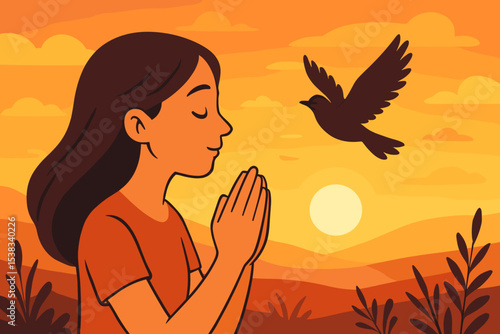 Woman praying at sunset illustration. Spiritual concept of faith, gratitude, hope, and serenity. Girl meditating with hands in prayer gesture. Calm mind, peace, and connection with nature.
