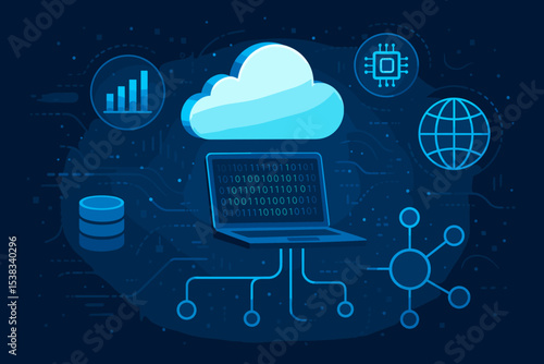 Cloud computing technology vector illustration. Laptop connected to an online database and server. Global digital network for big data analytics, information storage, and web hosting.