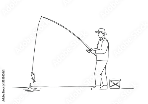 Man fishing drawing. It is a black and white outline image of a man standing and fishing with a rod, having just caught a fish from the water. Vector sketch line art draw.