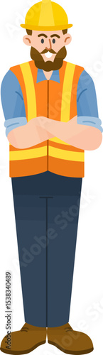 Confident Construction Worker: A construction worker stands firm, his arms crossed, exuding an air of expertise and authority within the construction industry.