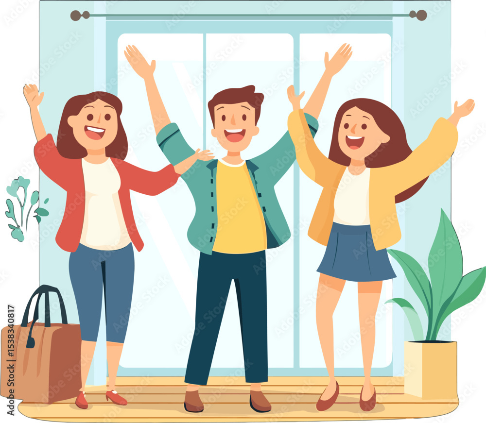 Fototapeta premium Joyful Reunion: A vibrant illustration portrays three cheerful figures, arms raised high in a moment of shared elation. Captured in a lively, friendly atmosphere.