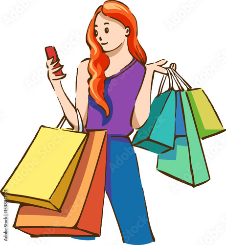 Shopping Spree & Online Connection: A stylish woman is immersed in the excitement of retail therapy, balancing shopping bags while staying connected on her phone.