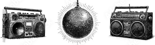 Engraved artwork of boombox and mirror ball for music enthusiasts, retro vector illustration