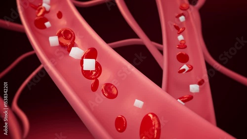 Red blood cells and white sugar cubes flow inside a blood vein, close-up 3D animation with defocused background.