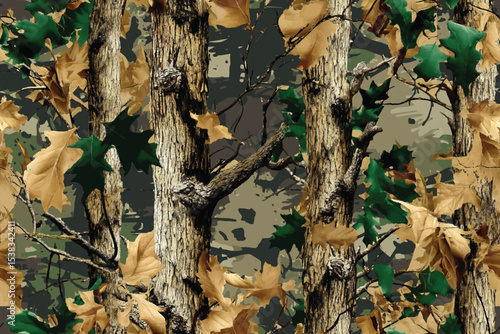 Real tree hunting vector camouflage seamless pattern. Woodland camouflage for hunting and military purposes. Digital camouflage. Abstract camo. Oak tree pattern