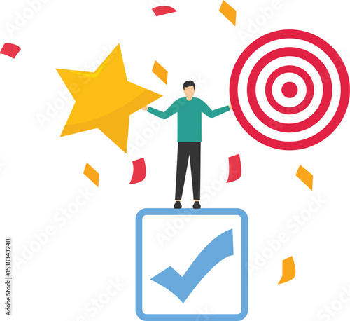 Professional at work, excellent employee, business guru or expert concept, Businessman celebrating job completion with perfect feedback following expected target. stock illustration

