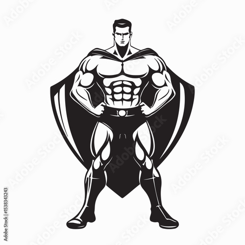 Character Strength Vector. Illustration Superhero In Strong Pose With Cape.