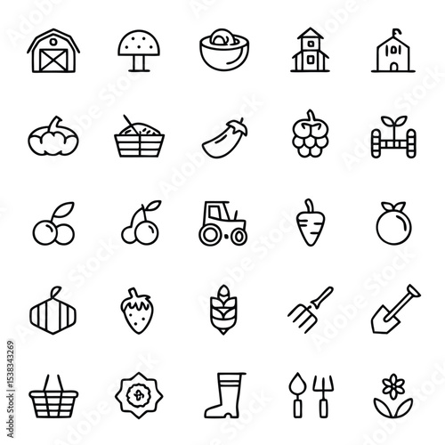 Outline farm icons depict crops, barns, gardening tools, and farm equipment on a white backdrop