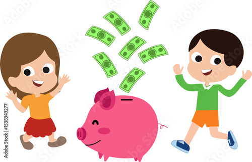 Saving the future : Capturing the essence of financial responsibility, these two young children gleefully engage with a piggy bank, symbolizing savings, financial responsibility, and future goals.